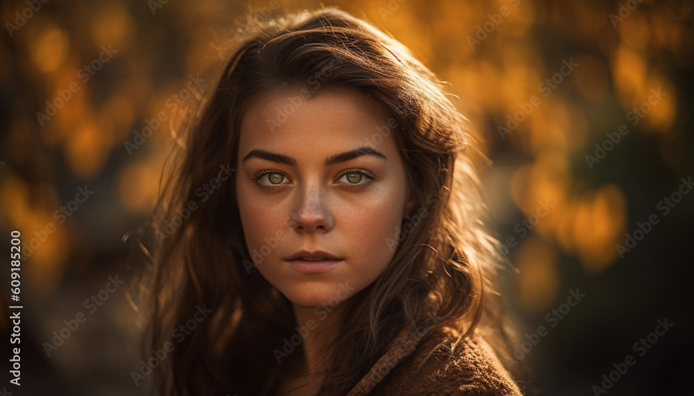 Young woman in nature, smiling at camera generated by AI Young woman in nature, smiling at camera generated by AI