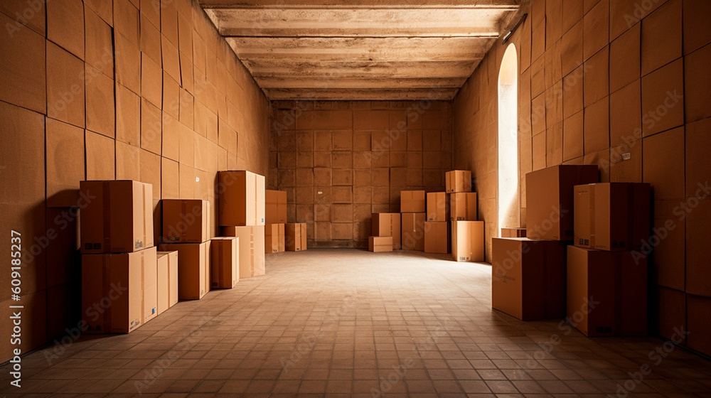 Fototapeta premium An example of self storage is empty cardboard boxes in a garage or warehouse. Generative AI
