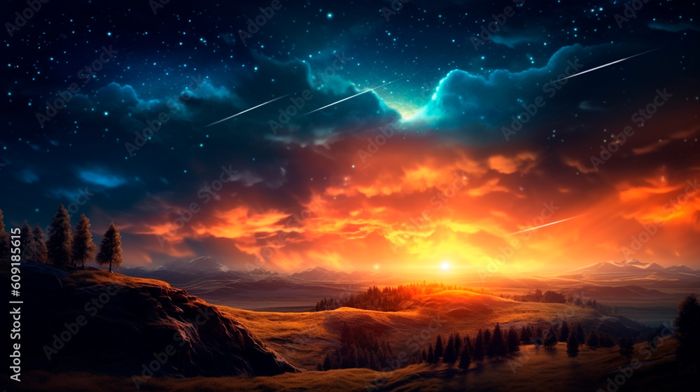 Beautiful celestial sky in dreamy fantasy with bright star in the sky over nature. Generative AI Beautiful celestial sky in dreamy fantasy with bright star in the sky over nature. Generative AI