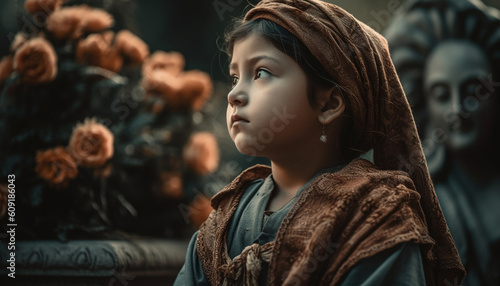 Smiling child in winter nature, happiness radiates generated by AI