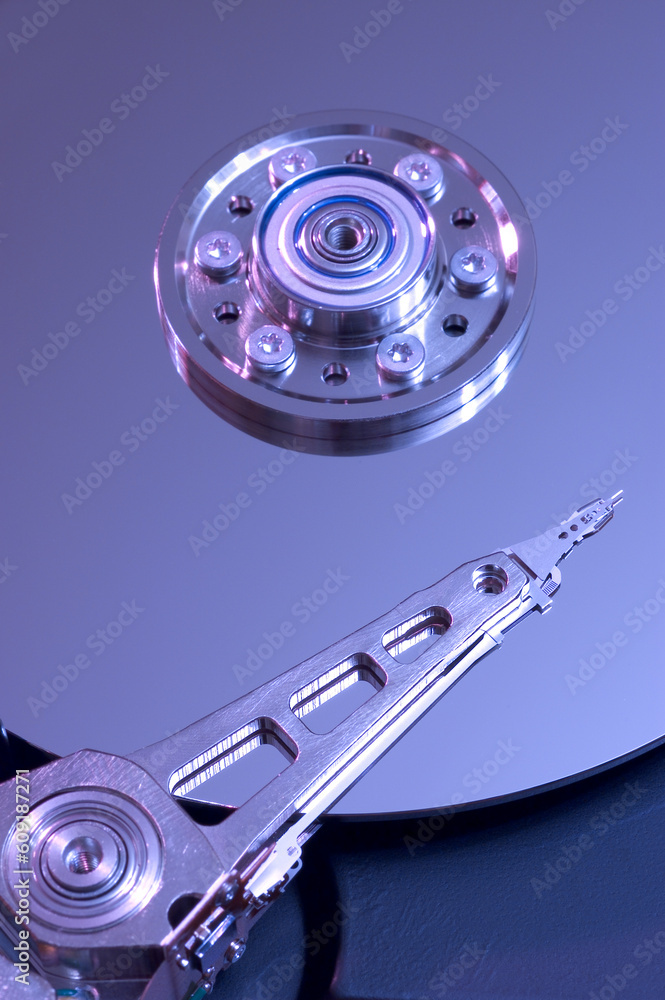 Hard disk drive with its cover open Hard disk drive with its cover open