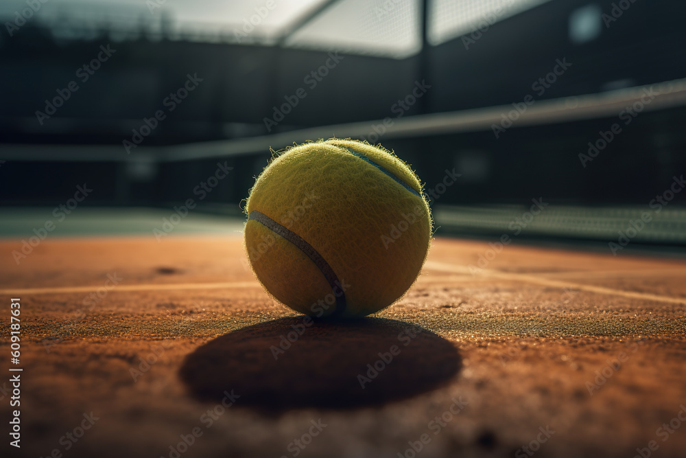 Illustration of green ball for padel game placed on the surface of the court. 3D rendering of tennis ball outside court. Outdoors paddle tennis court. Realistic 3D illustration. Generative AI