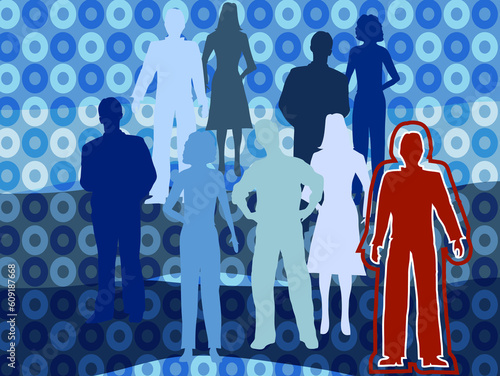 People in a group, one standing out in red