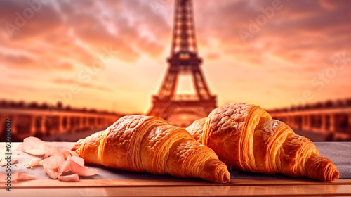 Delicious french croissants on romantic background of Eiffel tower, Paris. Generative AI