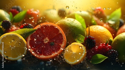 Fresh tasty citrus mix, oranges, lime, lemons and grapefruit slices, after rain, juice splashing around, rain drops, bright sunlight, bokeh natural background, banner, AI Generated
