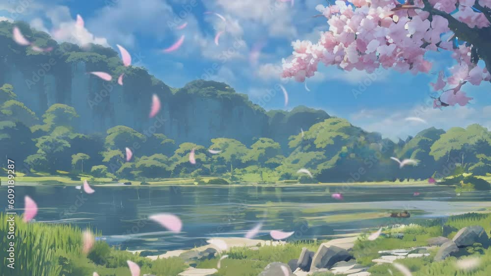 Beautiful fantasy spring nature landscape and cherry blossom tree animated background in Japanese anime watercolor painting illustration style. seamless looping video animated background.