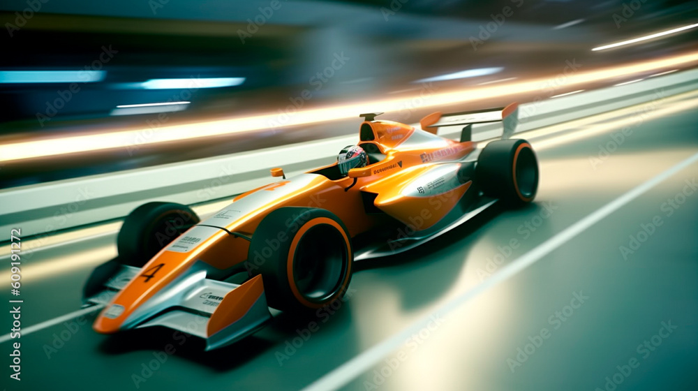 Futuristic racing formula at fast ride to finish. Postproducted. Generative AI