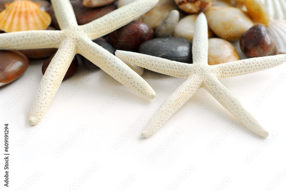 Starfish, pebbles and seashells on white background Starfish, pebbles and seashells on white background