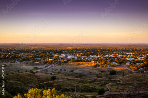 Charters Towers, Queensland, Australia. Taken from the lookout at dusk looking over the town with the horizon and sky in the background.
