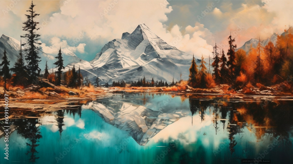 Mountain lake with mountain range reflected. Generative AI