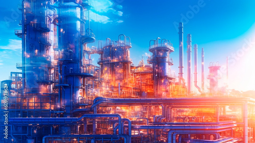 Petrochemical engineering. Blue and sunlight-colored double exposure design. Generative AI
