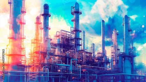 Petrochemical engineering. Blue and sunlight-colored double exposure design. Generative AI