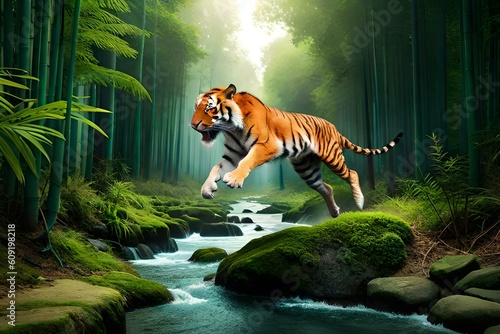 A tiger leaping gracefully through a dense bamboo forest, displaying its agility and strength