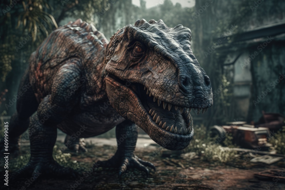 Fototapeta premium Dinosaurs. Extinct species of animals. Big strong toothy predators. Jurassic Period. triceratops, T-rex, brontosaurus, pterodactyl, stegosaurus, pteranodon, ceratosaurus, reptile