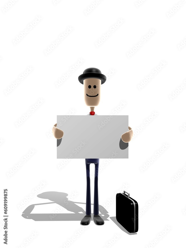 Cartoon style businessman holding a blank message board.