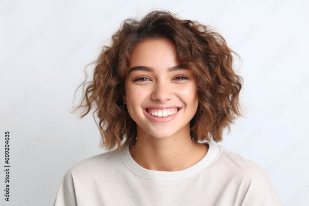 Portrait of beautiful young woman with curly hair on white background. Portrait of beautiful young woman with curly hair on white background.