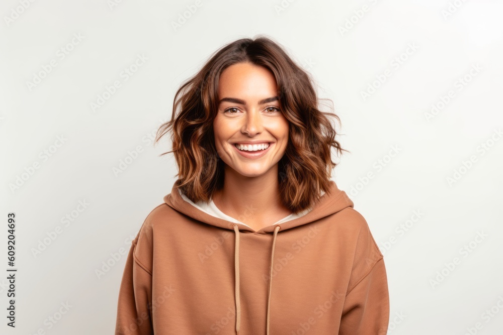 Portrait of a smiling young woman in a hoodie on a white background Portrait of a smiling young woman in a hoodie on a white background
