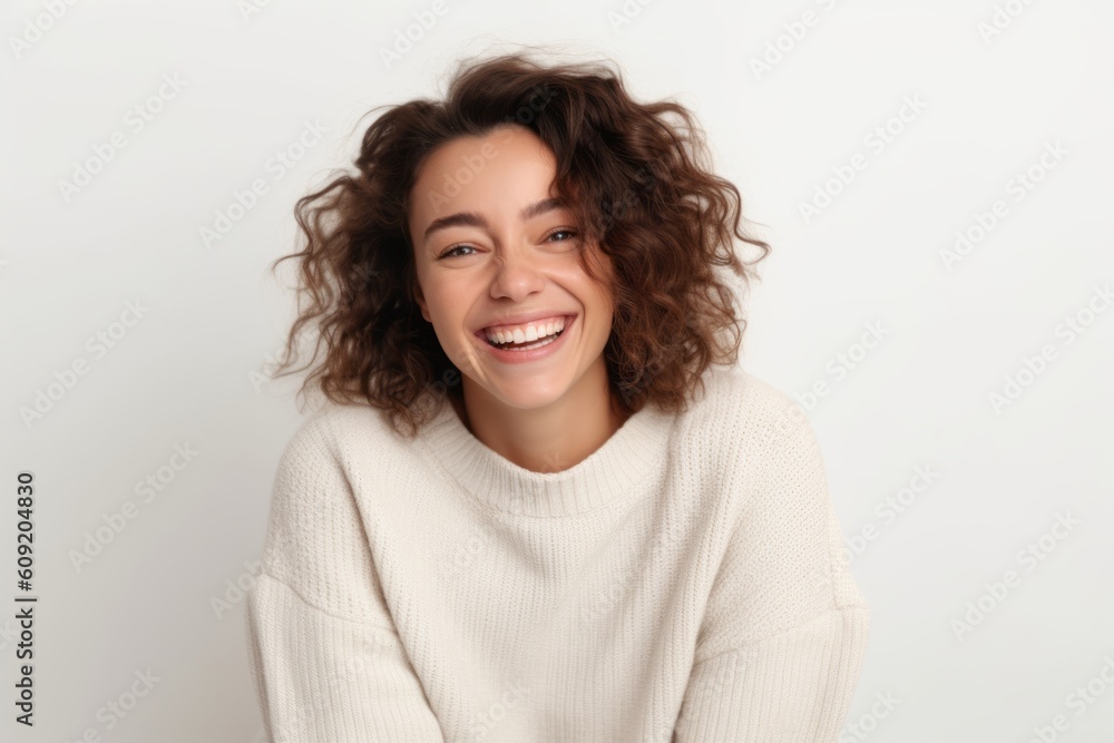 Portrait of a happy young woman with curly hair on white background Portrait of a happy young woman with curly hair on white background