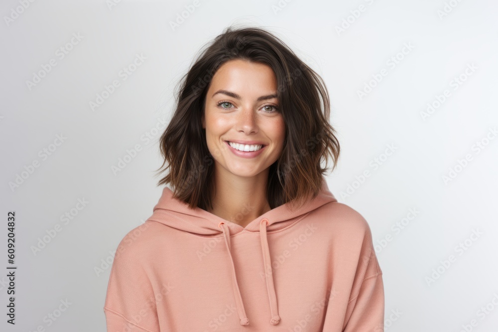 Portrait of a beautiful young woman in hoodie smiling at camera Portrait of a beautiful young woman in hoodie smiling at camera