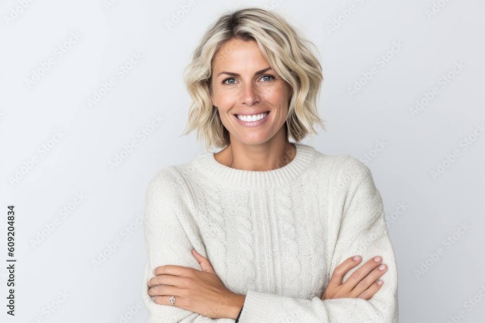 Portrait of smiling woman with arms crossed standing against white background. Portrait of smiling woman with arms crossed standing against white background.