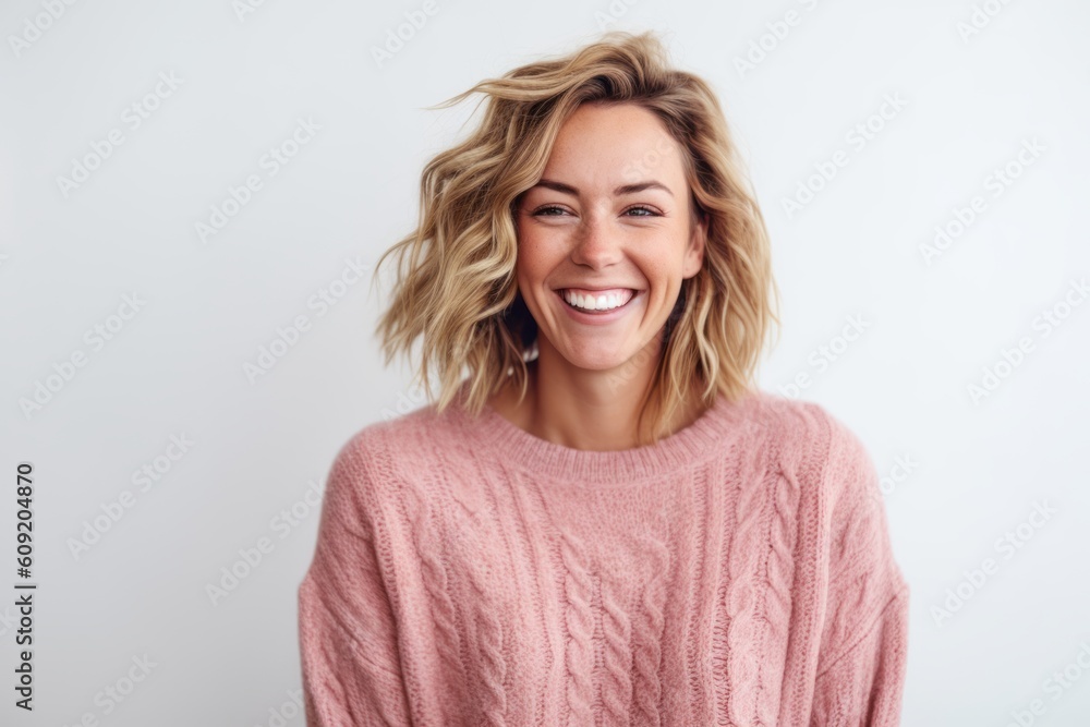 Portrait of a beautiful young woman smiling and looking at camera over white background Portrait of a beautiful young woman smiling and looking at camera over white background