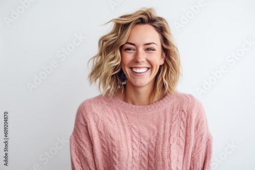 Portrait of a beautiful young woman smiling and looking at camera over white background