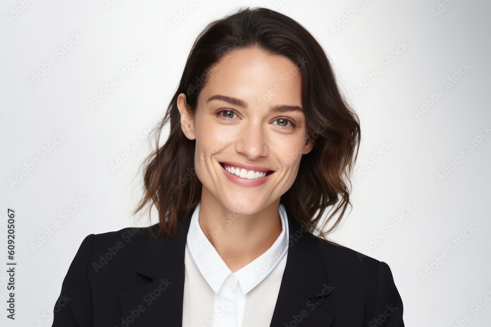 Portrait of smiling businesswoman in black suit, isolated on white background Portrait of smiling businesswoman in black suit, isolated on white background