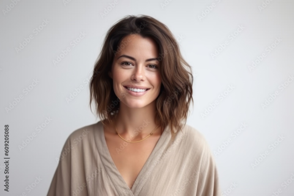Medium shot portrait photography of a satisfied woman in her 30s that is wearing a simple tunic against a white background . Generative AI Medium shot portrait photography of a satisfied woman in her 30s that is wearing a simple tunic against a white background . Generative AI