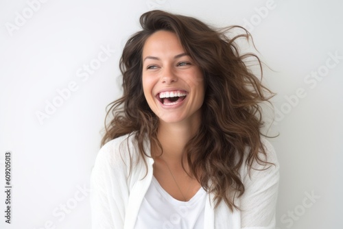 Portrait of a beautiful young woman laughing and looking at camera.