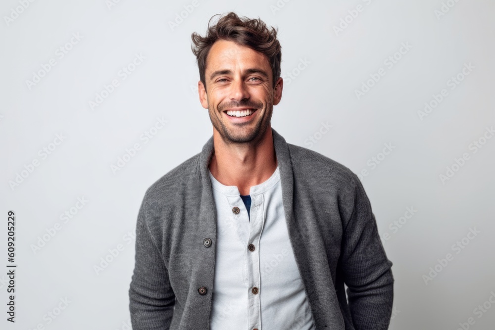 Portrait of a handsome man smiling and looking at camera over gray background Portrait of a handsome man smiling and looking at camera over gray background