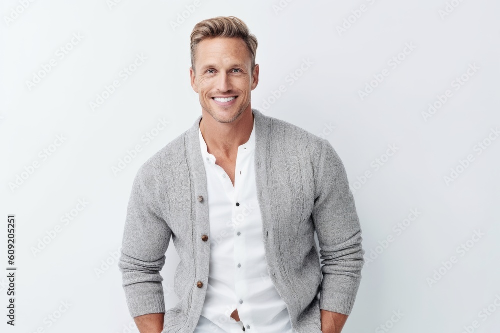 Portrait of handsome mature man in casual clothes smiling at camera while standing against white background Portrait of handsome mature man in casual clothes smiling at camera while standing against white background