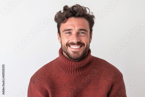 Portrait of a handsome young man in a red sweater smiling.