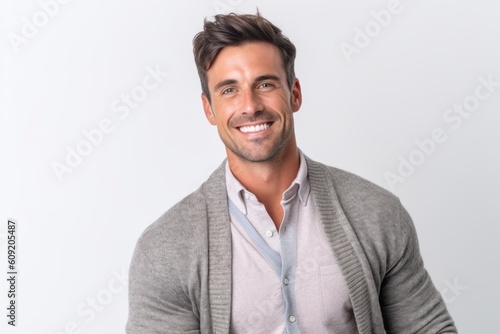 Portrait of a handsome young man smiling at camera on white background