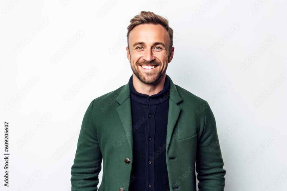 Portrait of a handsome young man smiling at the camera while standing against white background Portrait of a handsome young man smiling at the camera while standing against white background