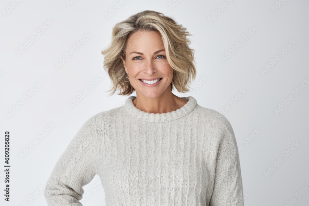 Portrait of attractive middle-aged woman with short blond hair smiling at camera while standing against white background Portrait of attractive middle-aged woman with short blond hair smiling at camera while standing against white background