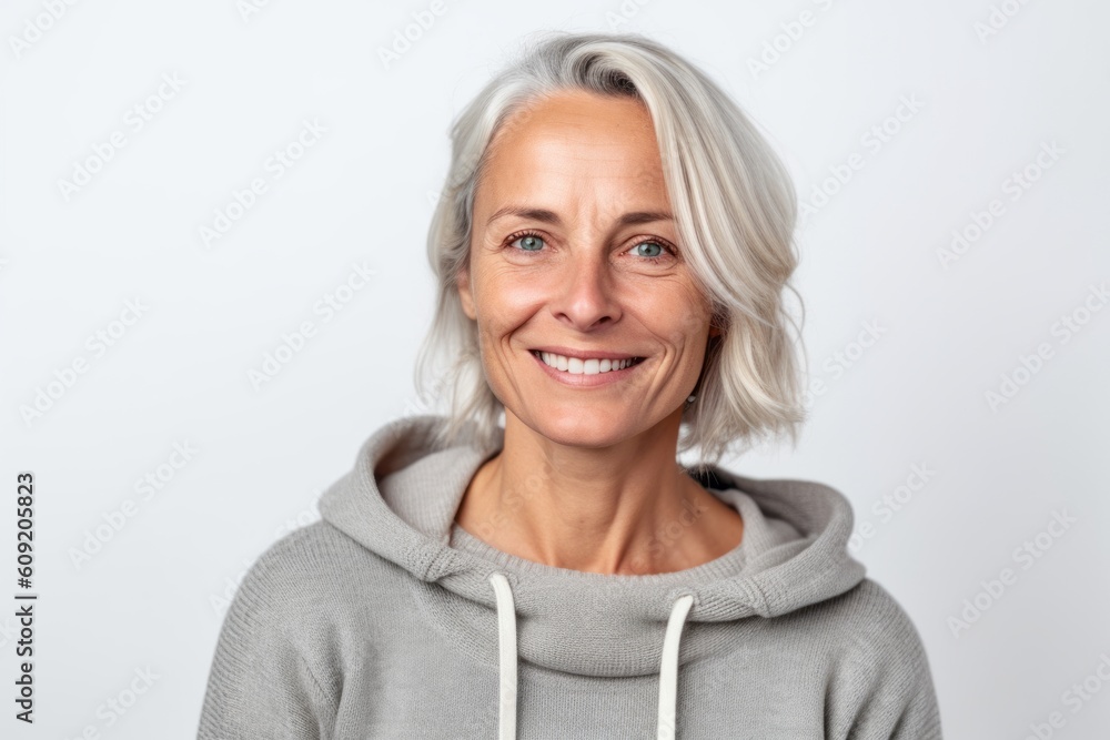 Portrait of smiling senior woman in grey hoodie on white background Portrait of smiling senior woman in grey hoodie on white background
