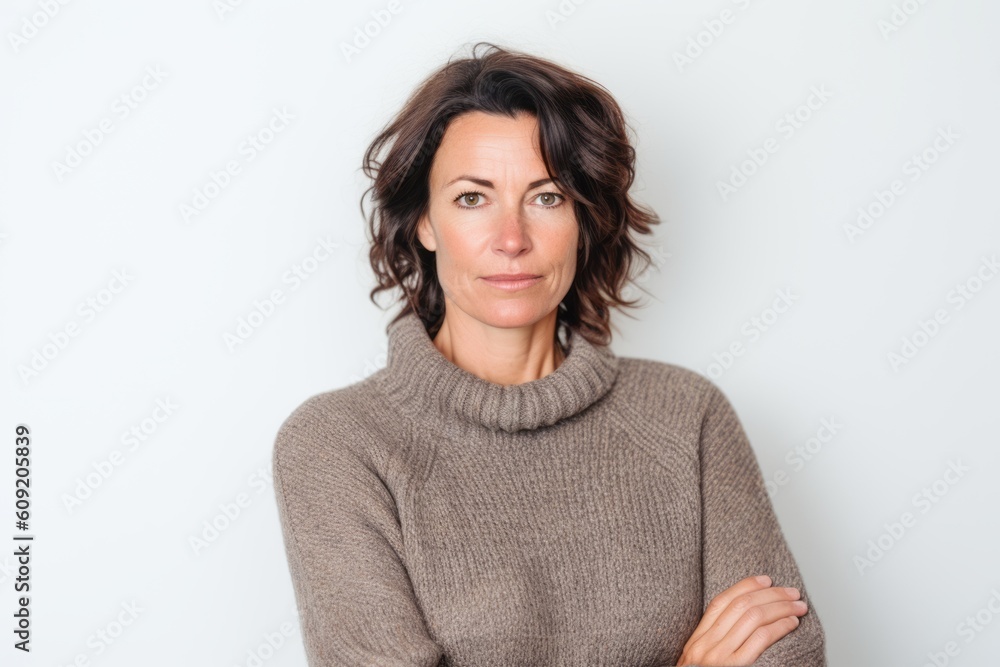 Portrait of a beautiful middle-aged woman in a sweater on a white background Portrait of a beautiful middle-aged woman in a sweater on a white background
