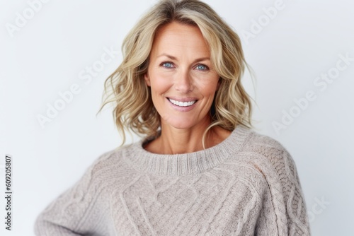 Portrait of beautiful middle-aged woman with blond hair smiling at camera