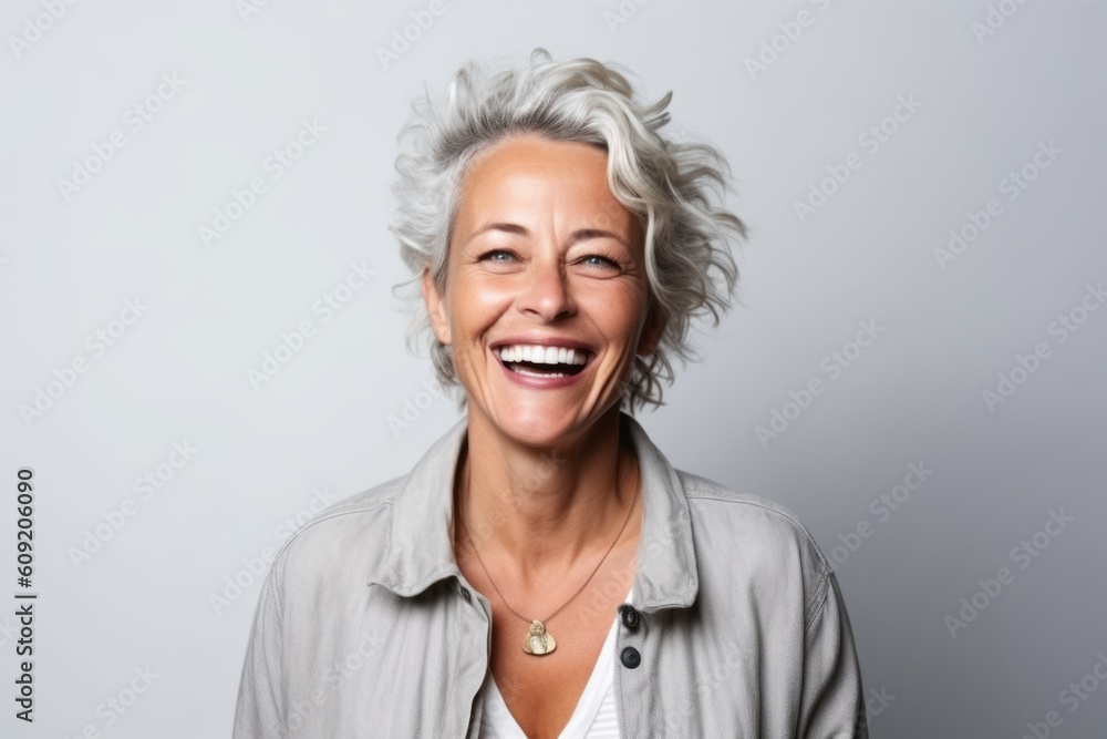 Portrait of a beautiful mature woman laughing against a gray background.