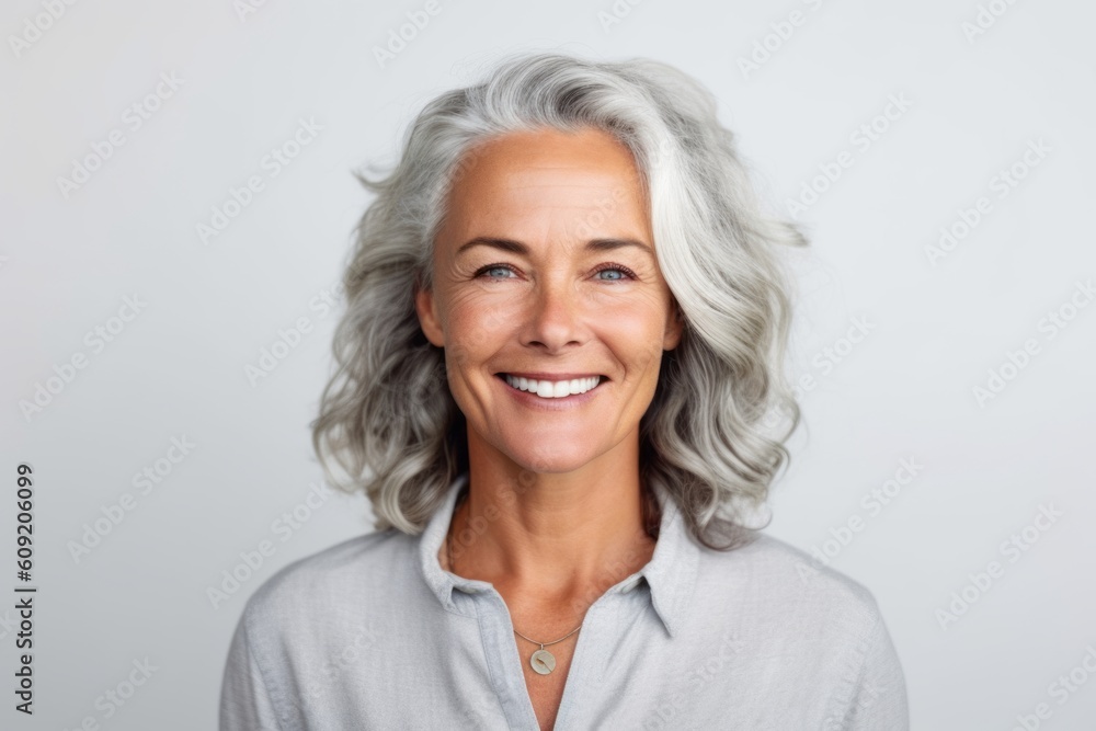 Portrait of smiling mature woman looking at camera isolated on grey background Portrait of smiling mature woman looking at camera isolated on grey background