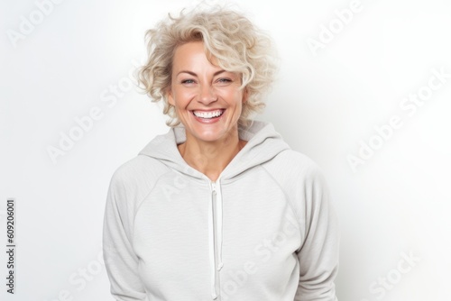 Portrait of a happy mature woman smiling at camera over white background