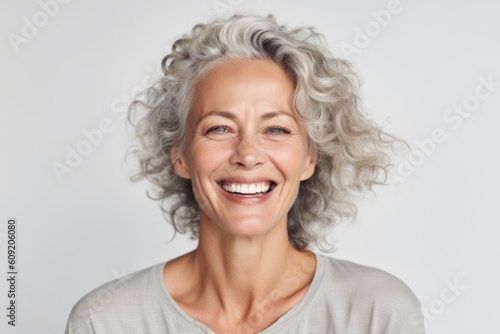 Close up portrait of happy mature woman with grey hair smiling at camera