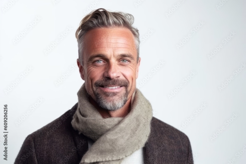 Portrait of a handsome mature man wearing scarf and looking at camera over white background Portrait of a handsome mature man wearing scarf and looking at camera over white background