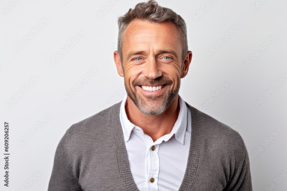Portrait of handsome mature man smiling and looking at camera while standing against white background Portrait of handsome mature man smiling and looking at camera while standing against white background