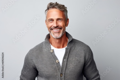 Portrait of a handsome mature man smiling and looking at camera over gray background