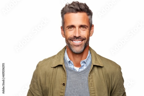 Half-length portrait of a handsome mature man smiling at the camera isolated on white background © Robert MEYNER