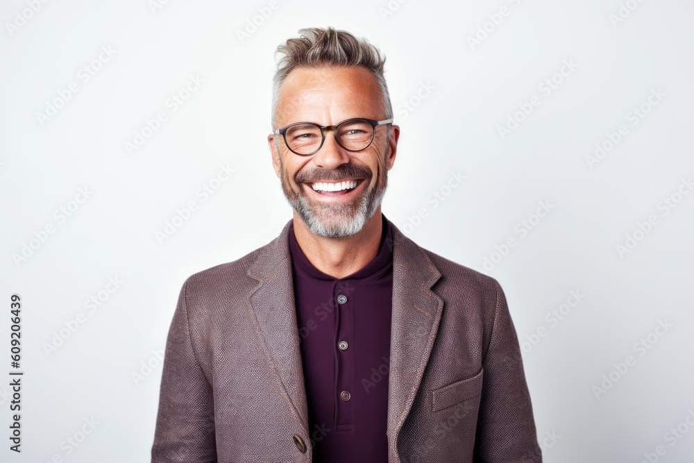 Portrait of smiling mature man in eyeglasses standing against white background Portrait of smiling mature man in eyeglasses standing against white background