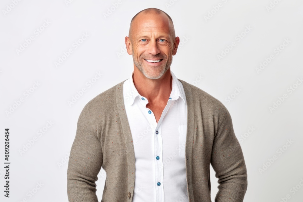 Portrait of a smiling mature man standing isolated over white background. Portrait of a smiling mature man standing isolated over white background.