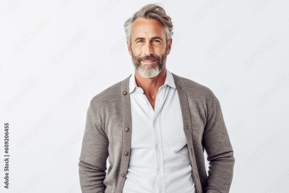 Handsome mature man looking at camera and smiling while standing against white background Handsome mature man looking at camera and smiling while standing against white background