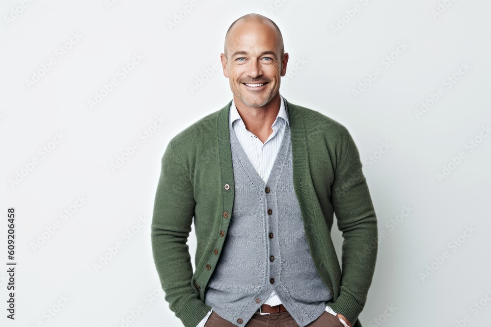 Handsome mature man smiling at camera while standing against white background Handsome mature man smiling at camera while standing against white background
